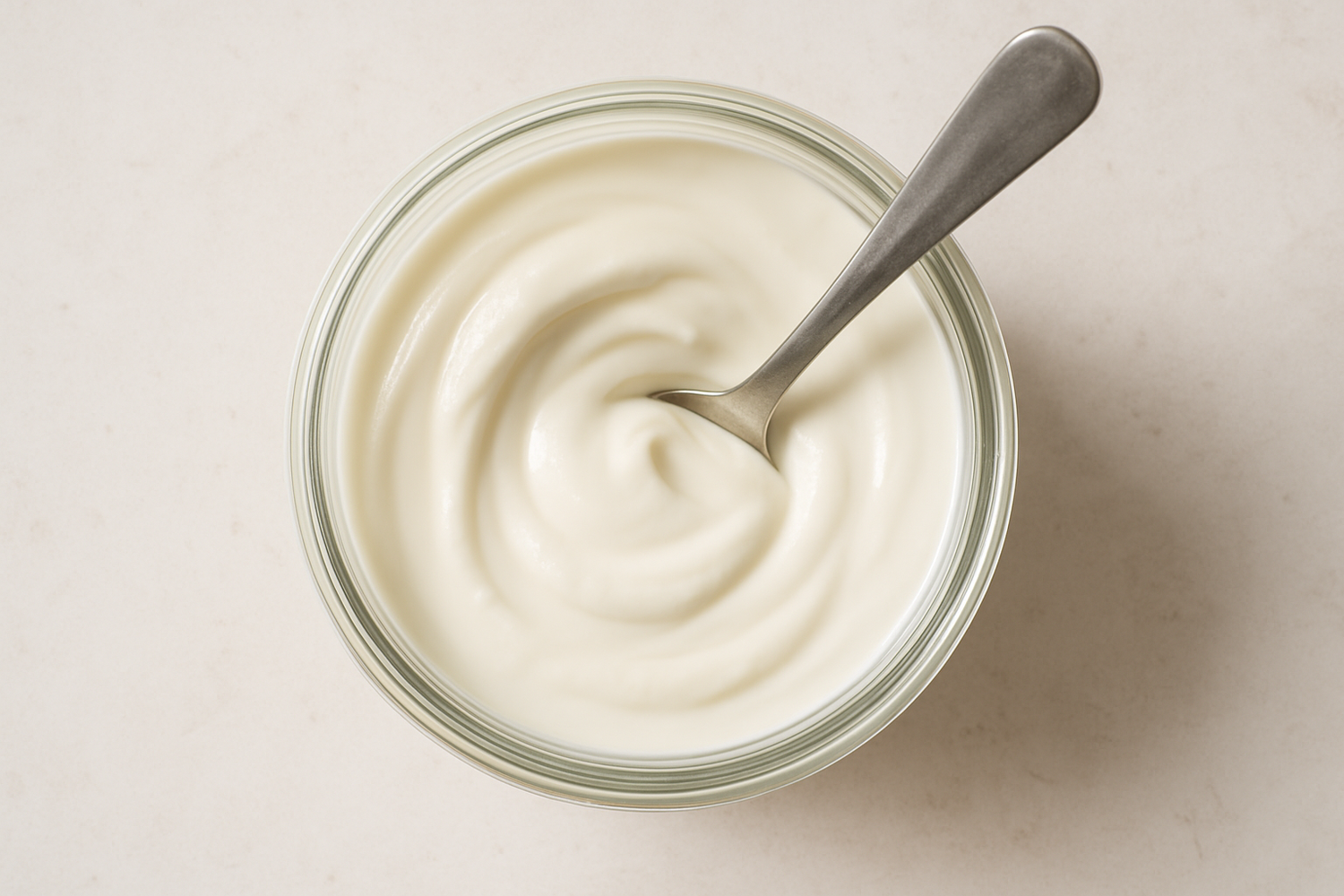 open jar of yoghurt with a spoon inside